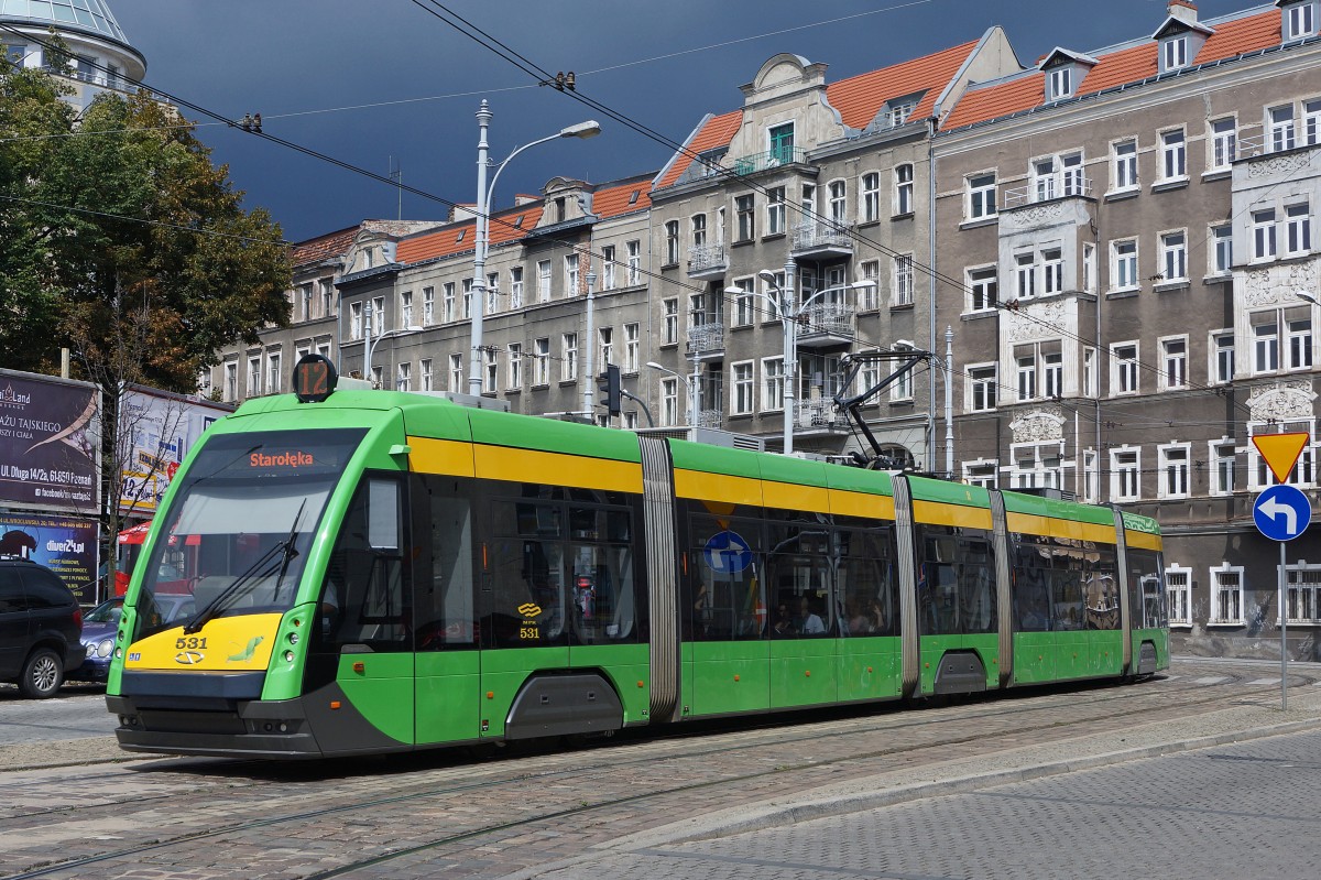 STRASSENBAHNBETRIEBE IN POLEN
Strassenbahn POSEN
Niederflurgelenkwagen Nr. 531 des Typs Solaris Tramino RT6N1
aufgenommen am 16. August 2014 
Foto: Walter Ruetsch
