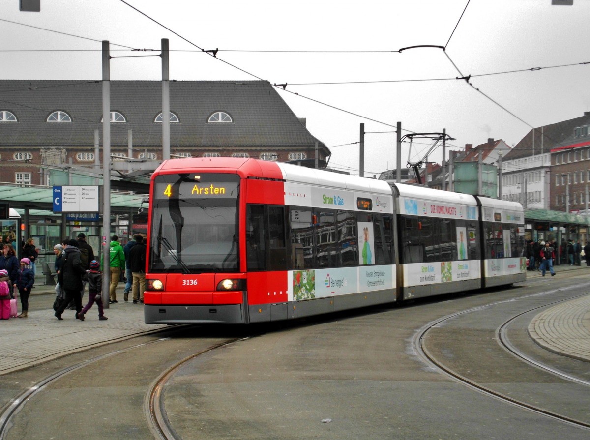 Straßenbahnlinie 4 nach Bremen Arsten am Hauptbahnhof Bremen.(01.02.2015)
