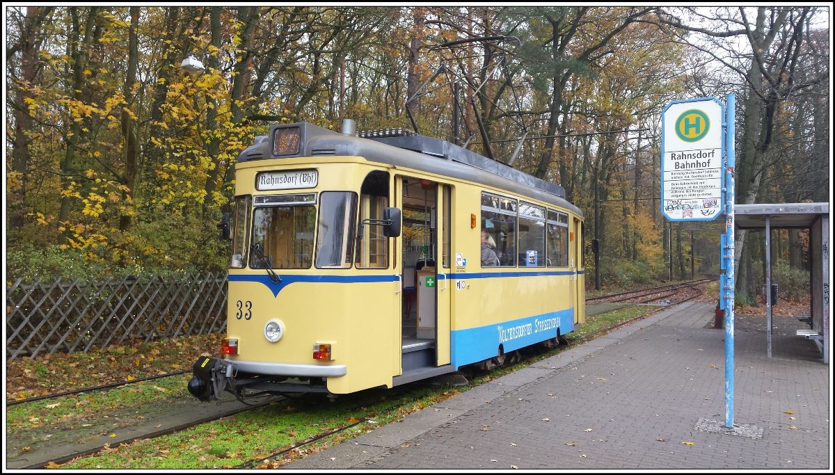 Strassenbahnlinie 87 Rahnsdorf - Woltersdorf Schleuse. Gothawagen T57 Nr. 33 in Rahnsdorf. (17.11.2019)
