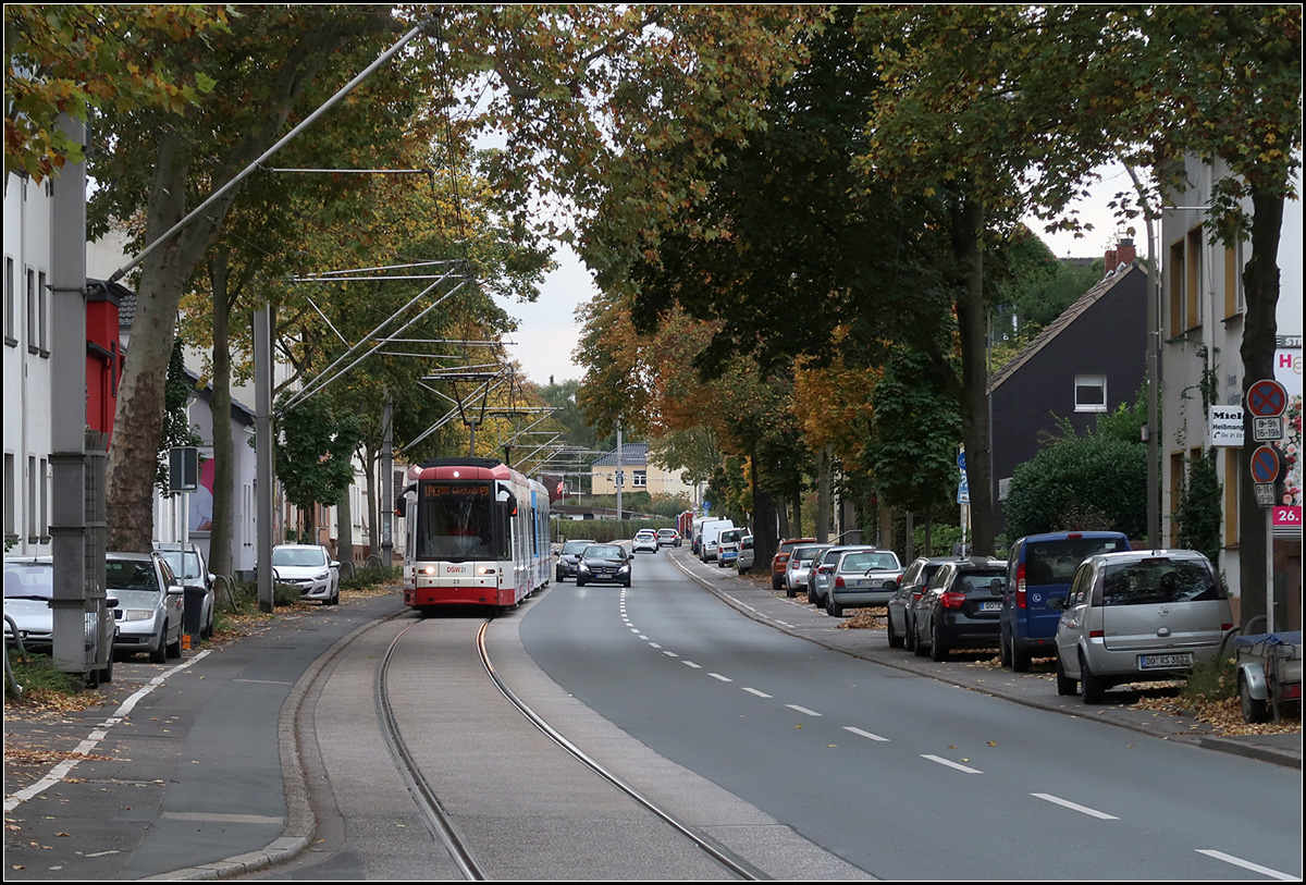 Straßenbahnromantik in Dortmund-Wickede -

Nur die gewaltigen Fahrleitungsanlagen wollen nicht so recht ins Bild passen. Eingleisige Trasse im Wickeder Hellweg westlich der Haltestelle Eichwaldstraße.

15.10.2019 (M)