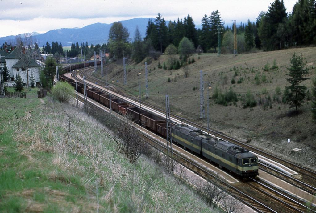 Strba am Fu� der Hohen Tatra ist ein sehr interessanter Bahnhof.
Im oberen Teil, innen im Bahnhof Geb�ude, welches links zu sehen ist,
befindet sich die Talstation der Zahnradbahn. Unten, quasi auf Ebene  Null  
liegt der Bahnhof. Dieser zieht sich in weitem Bogen durch zwei lang 
gestreckte Kurven. Es gibt keine reinen G�tergleise. Alle Gleise haben, wie
man sehen kann, im Hauptteil Bahnsteige. An den Zufahrten zum Bahnhof
und auch von der B�schung von oben herab kann man den Bahnhof wunderbar 
einsehen und hat viele M�glichkeiten, sich einen Fotopunkt zu suchen.
Diese Aufnahme entstand am Beginn der Ausfahrtkurve in Richtung Westen.
Doppellok 131063 und 131054 f�hrt hier gerade am 3.5.2003 aus Richtung Poprad kommend mit einem Leerzug in den Bahnhof ein.
