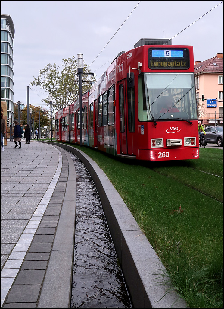 Streckendokumentation zweite Nord-Süd-Strecke in Freiburg - 

Entlang dem Rasenbahnkörper im Friedrichring wurde ein für Freiburg typisches  Bächle  angelegt.

07.10.2017 (M)