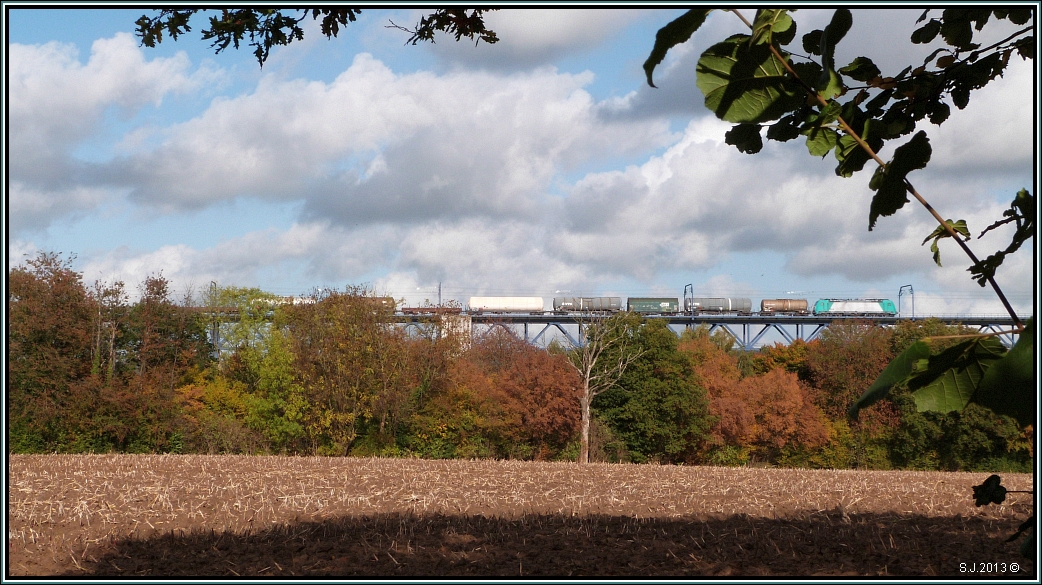 Stromlos rollt diese Cobra mit ihren Gterzug unter die Trennstelle der Oberleitung,
hier befindet sich der Abschnitt wo das belgische Netz auf das deutsche Stromnetz
bergeht. Aufnahme vom Oktober am Ghltalviadukt bei Moresnet in Belgien.
