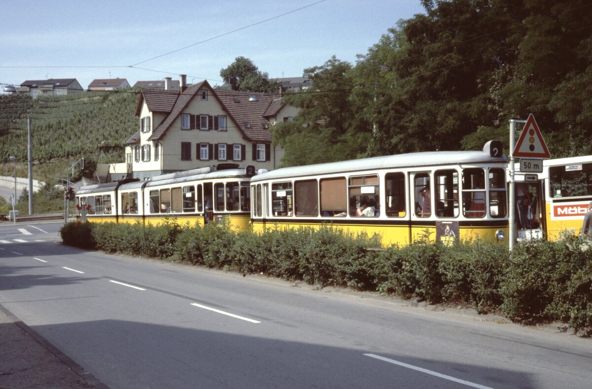 Stuttgart SSB SL 2 (Bw Typ 82.3 + Tw Typ DoT 4) Obere Ziegelei, In den Ringelgärten / Schmidener Straße im Juli 1979. - Scan eines Diapositivs. Film: Kodak Ektachrome. Kamera: Leica CL