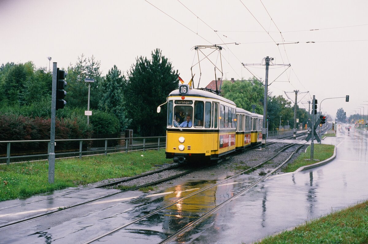 Stuttgart, eine Stra�enbahnsonderfahrt im Regen: TW 802 (MF Esslingen Reihe T2) und zwei Beiwagen ( Schiffchen  genannt, Serie B2) auf ihrem Weg zwischen Feuerbach und Weilimdorf (1988 ?)
