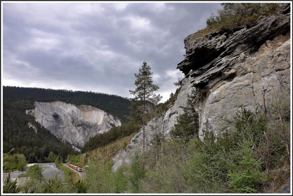 Such den Zug in der Vorderrheinschlucht/Ruinaulta. RE1236 zwischen versam-Safien und Valendas-Sagogn. (05.05.2015)