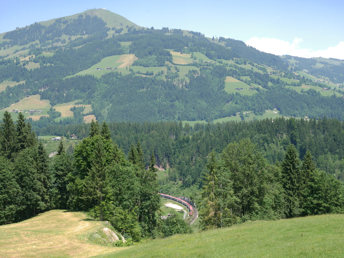 Suchbild: eine 1116 mit dem IC 942  Kitzbüheler Alpen  Wien - Saalfelden - Wörgl im Windauer Bogen zwischen Westendorf und Hopfgarten; unterhalb Hohe Salve (1.828 m); 15.06.2017
