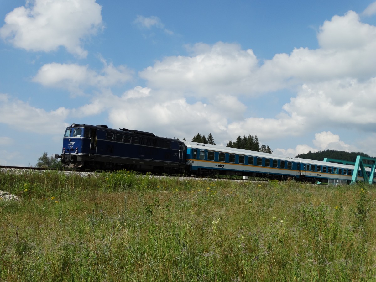 SVG 2143.18 mit dem ALEX nach Oberstdorf bei Fischen an der Illerbrücke am 10.08.15