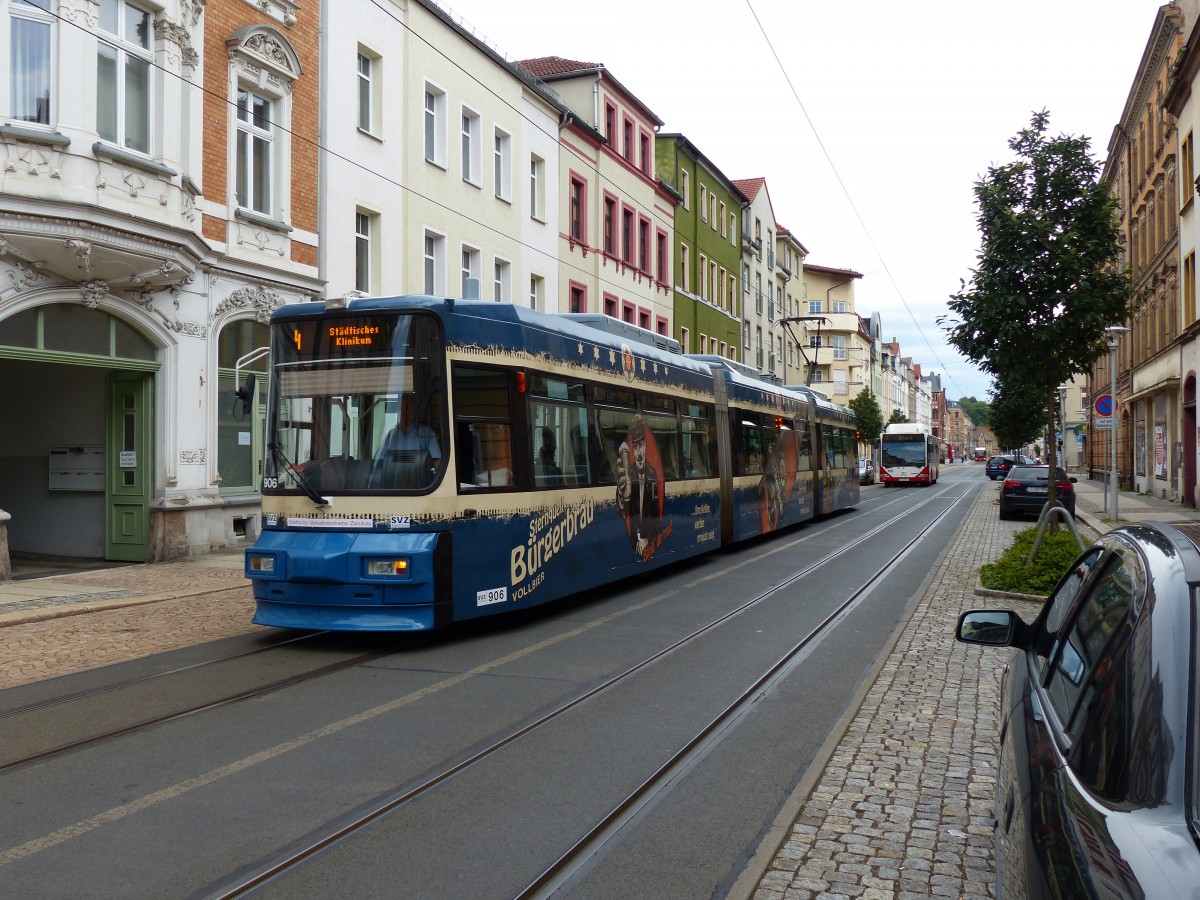 SVZ Wagen906 Linie4 zum Städtischen Klinikum mit  süffiger Werbung auf der Bosestrasse.28.06.2014.