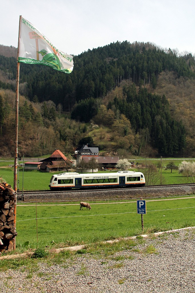 SWE 87390 mit VT 517  Steinach  und der Fahne des Wäldebauernhofes (02.04.2016)
