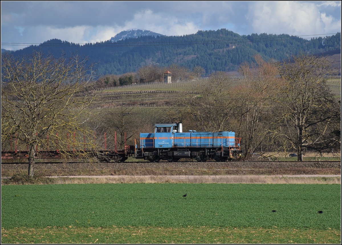 SWEG V 102 mit NVR Nummer 98 80 0 575 002-7 D-SWEG am dem Weg zum Gleisanschluss der Schwellenfabrik Richtsberg. Im Hintergrund lugt über die ersten Schwarzwaldhügel ncoh das Belchen empor, einer der höchsten Schwarzwaldgipfel. Müllheim, März 2019.