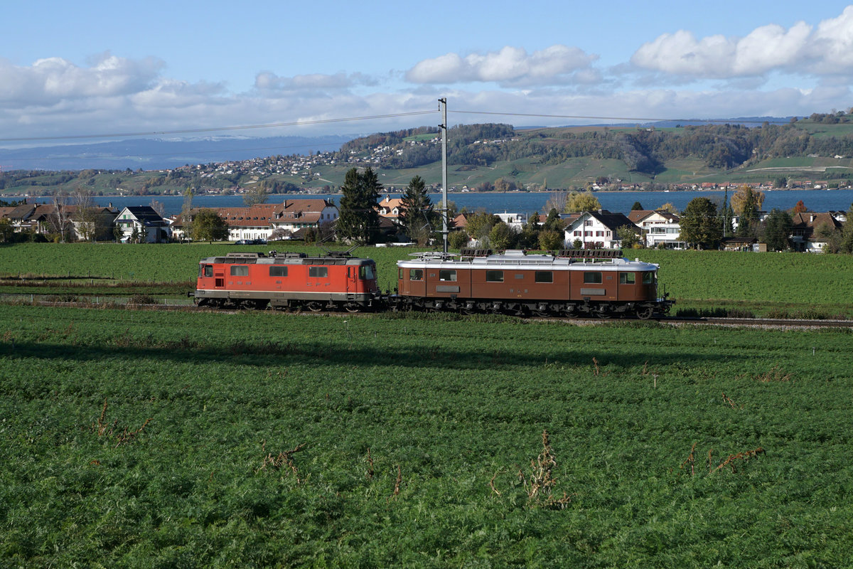 SWISSTRAIN.
Auch im Jahre 2019 bot sich die Gelegenheit, die ehemalige BLS Ae 6/8 2008 zur Tag- und Nachtzeit bei seltenen und gar einmaligen Diensten zu verewigen.
Nach all den vielen schweren Sonderleistungen erlitt die alte Dame einen derart grossen Schaden, dass sie am 12. November 2019 mit der Re 4/4 11118 von Bern Weyermannshaus nach Payerne in ihre vertraute Heimat geschleppt werden musste. Verewigt wurde sie vor der Kulisse des Murtensee, Mont Vully und Chasseral bei herrlichem Herbstwetter.
Foto: Walter Ruetsch
