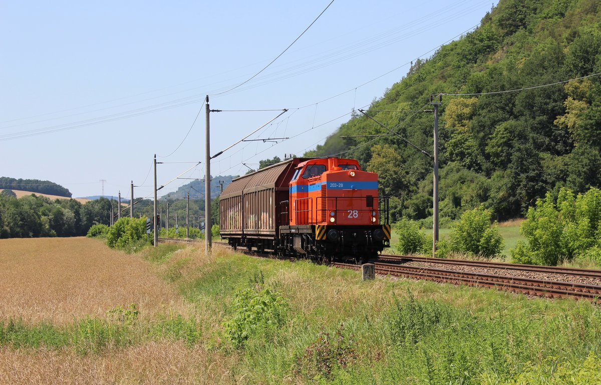 SWT 203 028 (92 80 1203 003-9 D-SWT) mit der Rückleistung von der Papierfabrik Adolf Jass Schwarza GmbH am 29.06.18 bei Remschütz.