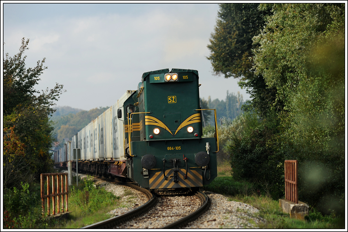 SZ 664-105 bring am 10.10.2013 einen Metrans Containerzug vom ungarisch/slowenischen Grenzbahnhof Hodo nach Pragersko (SLO) wo er in weiterer Folge von einer E-Lok bernommen wird, und weiter Richtung Sden geht. Die Strecke zw. Hodo und Pragersko wurde in den letzten Jahren laufend modernisiert und wird nun zum Abschluss auch elektrifiziert. In zwei Jahren soll dann auch die Elektrifizierung abgeschlossen sein. An vielen Stellen gibt es bereits die Oberleitungsmasten, aber es gibt noch einige Stellen, die noch relativ unberhrt sind, und wo man die „Reagans“ noch herrlich ablichten kann, so wie hier in Libanja kurz vor der Haltestelle Pavlovci.