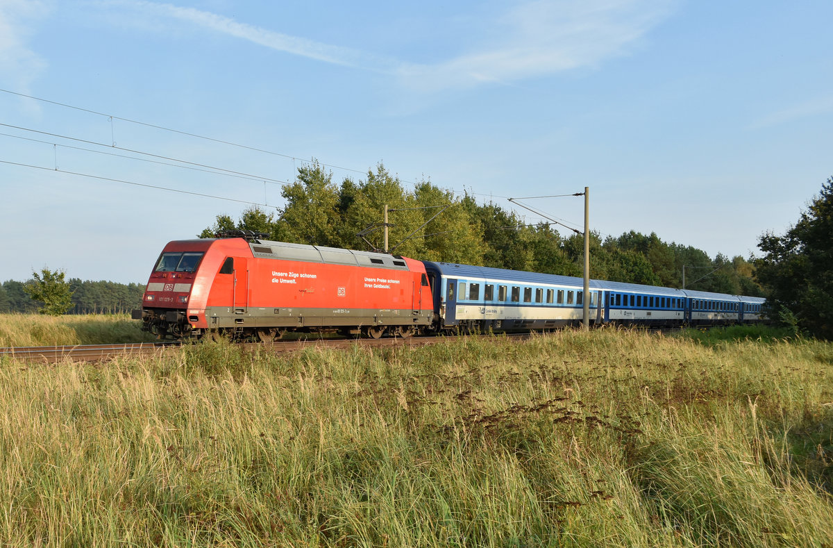 Täglicher EC kommend aus Prag mit der 101 125-3 in Front, kurz vor dem Halt in Büchen. 3km östlich von Büchen 29.09.2017