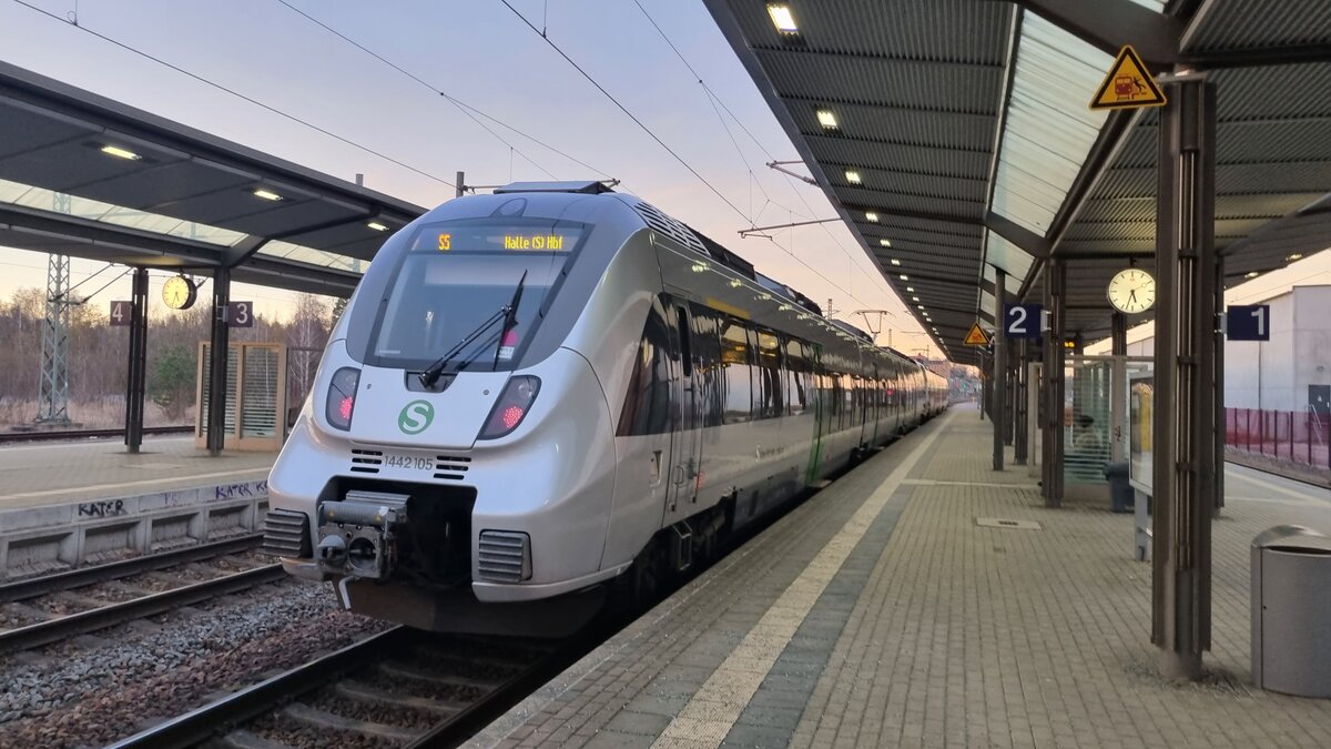 Talent 2 als 1442 105 als S5 nach Halle (Saale) Hauptbahnhof am 23.02.2024 in Werdau am Bahnhof