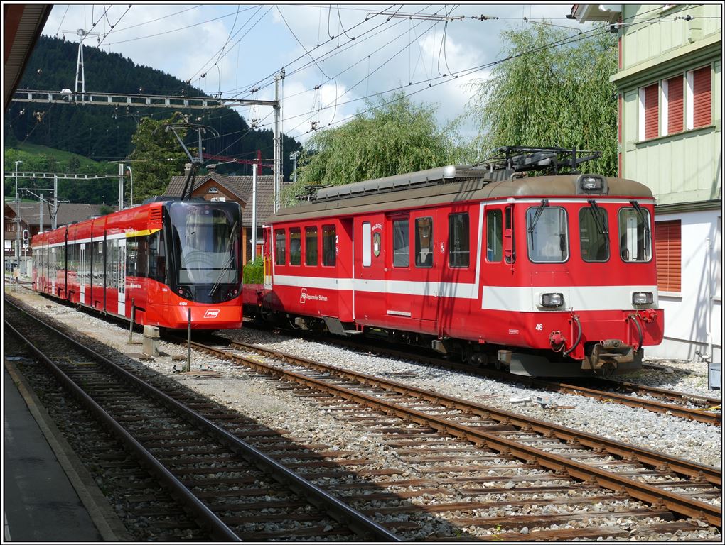Tango ABe 8/12 4102 und BDe 4/4 46 in Appenzell. (13.07.2019)