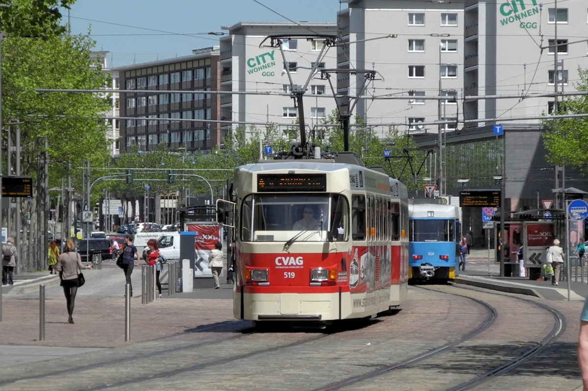 Tatra 519 & 509 am 15.05.15 auf dem Rückweg vom Hauptbahnhof in der Straße der Nationen/Chemnitz