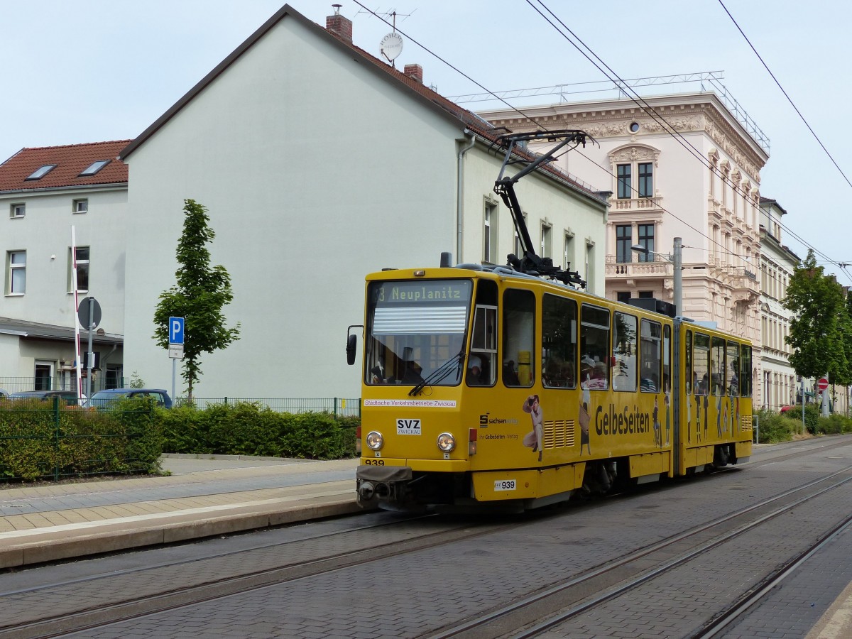 Tatra KT4D(Wagen939) Linie3 nach Neuplanitz am 28.06.2014 auf der Äusseren Schneeberger Strasse.