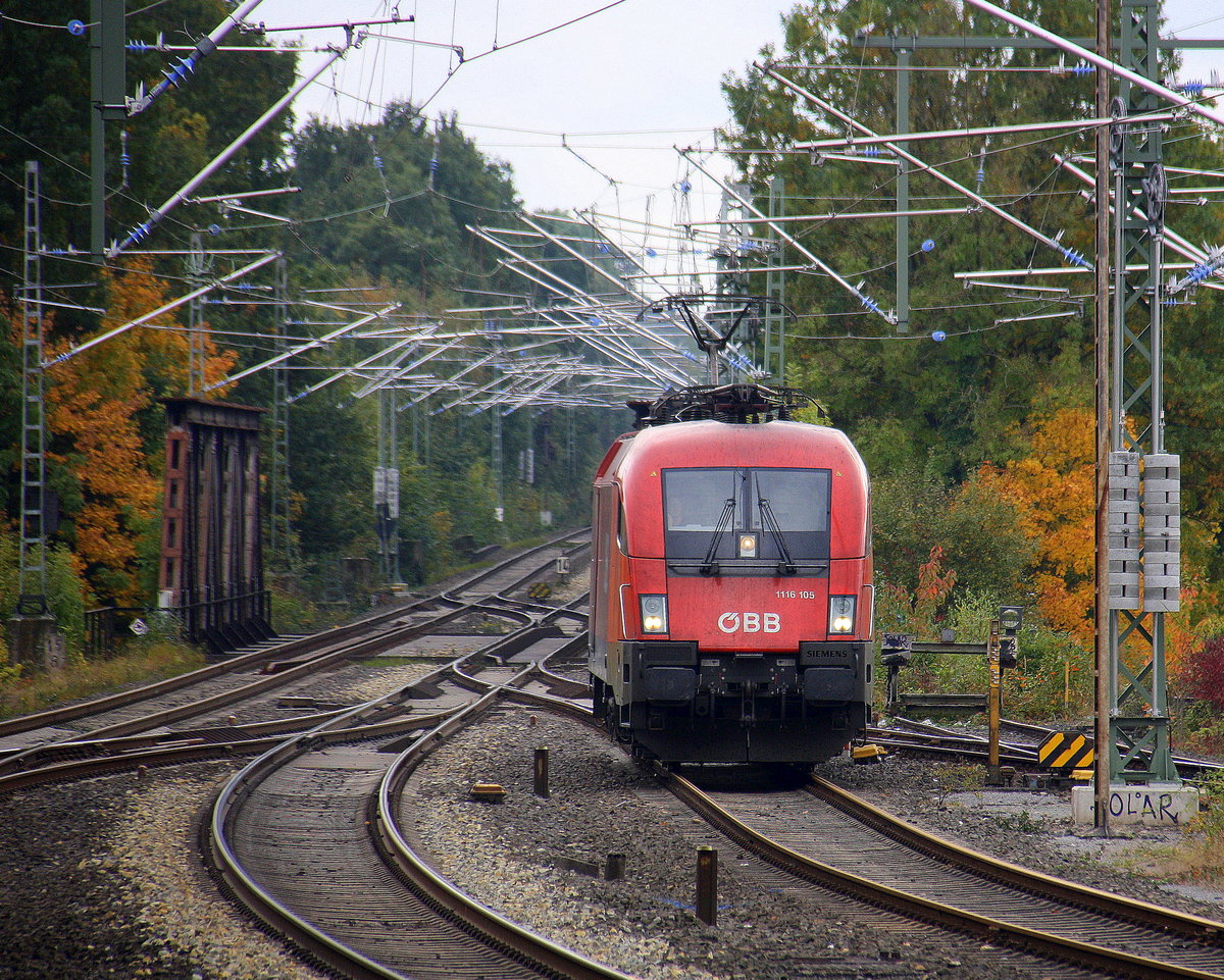 Taurus 1116 105 von ÖBB kommt als Lokzug aus Aachen-West nach Herzogenrath und fährt in Herzogenrath ein.
Aufgenommen vom Bahnsteig 1 in Herzogenrath. 
Am Nachmittag vom 17.10.2016.