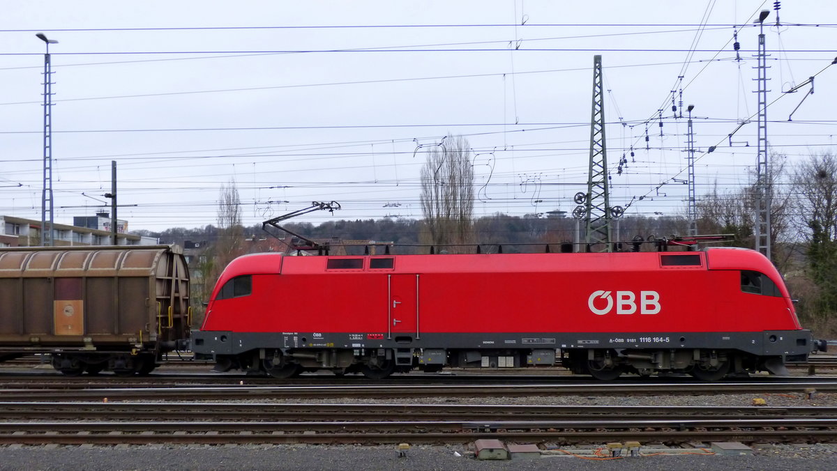 Taurus ÖBB 1116 164 von ÖBB  fährt mit einem Güterzug aus Antwerpen-Waaslandhaven(B) nach Linz-Voestalpine(A) bei der Ausfahrt aus Aachen-West und fährt in Richtung Aachen-Schanz,Aachen-Hbf,Aachen-Rothe-Erde,Stolberg-Hbf(Rheinland)Eschweiler-Hbf,Langerwehe,Düren,Merzenich,Buir,Horrem,Kerpen-Köln-Ehrenfeld,Köln-West,Köln-Süd. Aufgenommen vom Bahnsteig in Aachen-West.
Bei Regenwetter am Kalten Nachmittag vom 9.3.2018.