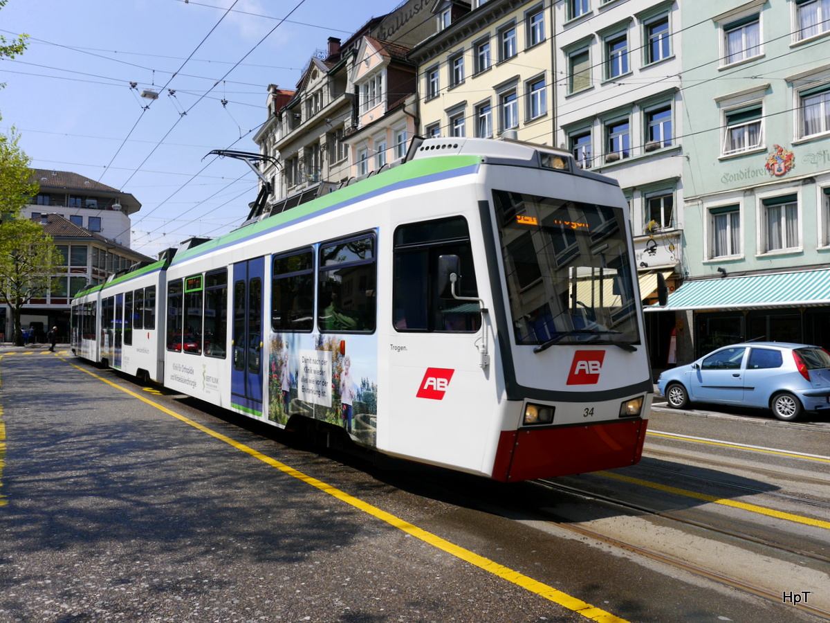 TB / AB - Triebwagen Be 4/8 34 unterwegs in den Strassen von St.Gallen am 14.05.2016