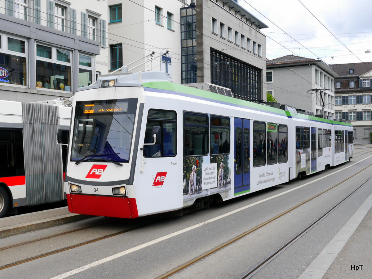 TB / AB - Triebwagen Be 4/8 34 unterwegs in den Strassen von St.Gallen am 14.05.2016