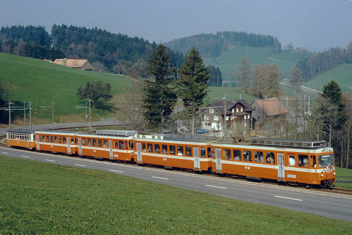 TB: Die BDe 4/8 21-25 prägten mit ihrem orangen Anstrich von 1975 bis 2004 das Bild der Trogenerbahn. Nach der Inbetriebnahme der Be 4/8 31-34 in den Jahren 2004/2008 wurden die BDe 4/8 21 und 24 an die Rittnerbahn im Südtirol, Italien verkauft, wo sie den veralteten Fahrzeugpark verjüngten.
Der wohl längste Zug den ich jemals auf der TB fotografieren konnte, bestand aus fünf Elementen. Am Schluss des Zuges wurde interessanterweise auch noch ein Lausanner mitgeführt.
Foto: Walter Ruetsch