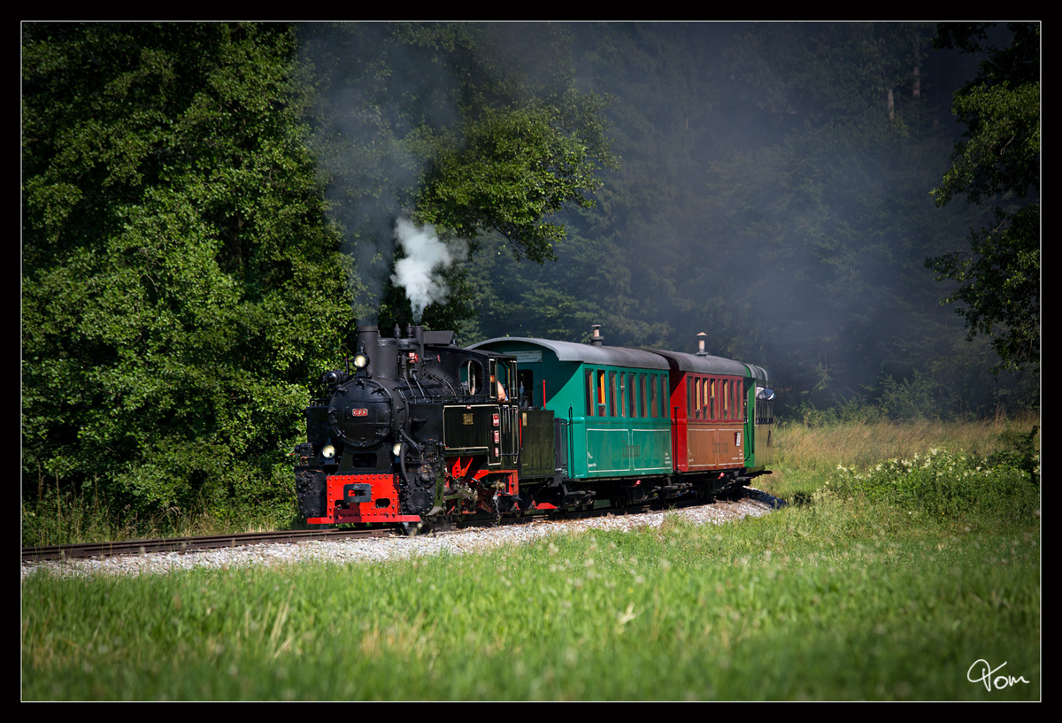 Teleaufnahme der CFF Dampflok 764 411R, welche mit dem Stainzerbahn Flascherlzug von Preding nach Stainz unterwegs war.
Kraubath 29.06.2019