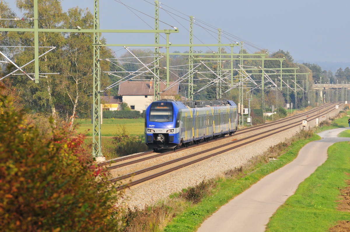 Teleaufnahme des Meridian ET 326 aus Salzburg kommend bei Übersee am Chiemsee in Richtung München am 18.10.18