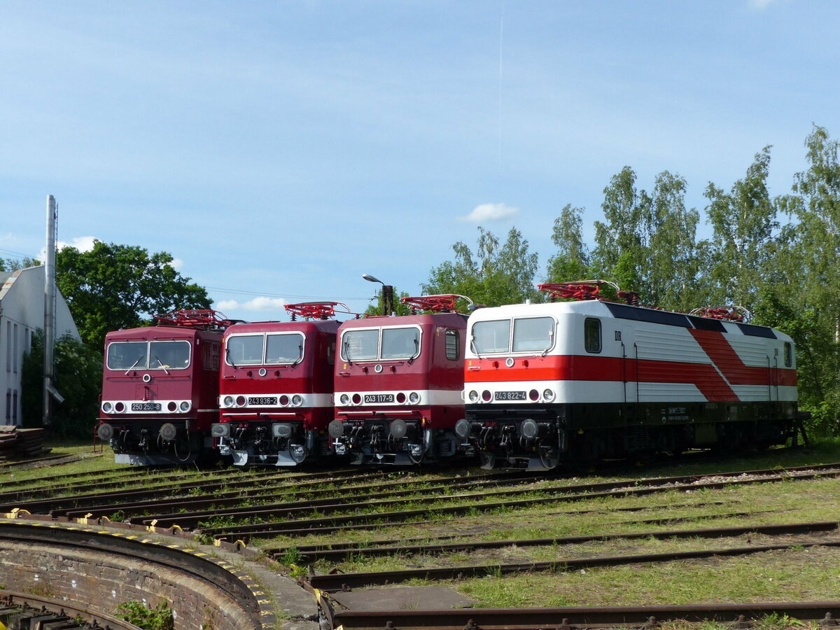 TEV 250 250-8 + FWK 243 936-2 + DB Musem 243 117-9 + EBS 243 822-4 am 01.06.2019 beim Eisenbahnfest des Thüringer Eisenbahnvereins im ehem. Bw Weimar.