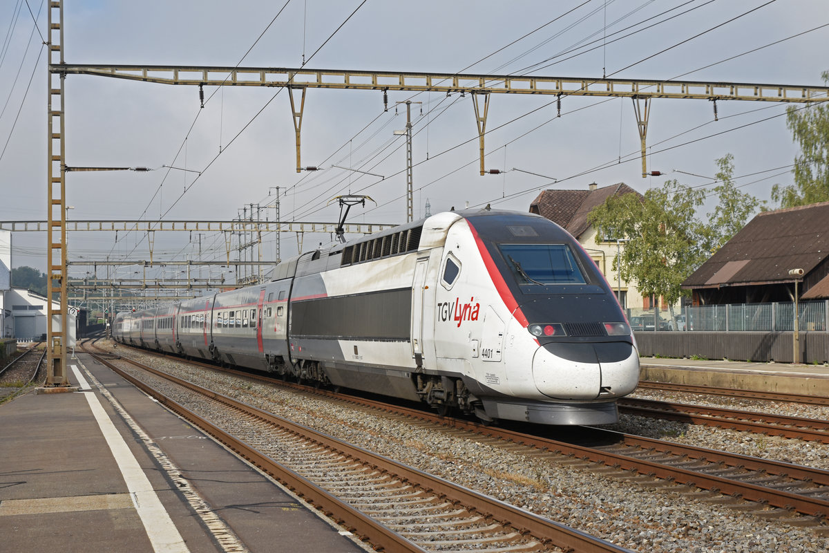 TGV Lyria 4401 durchfährt den Bahnhof Rupperswil. Die Aufnahme stammt vom 03.09.2019.