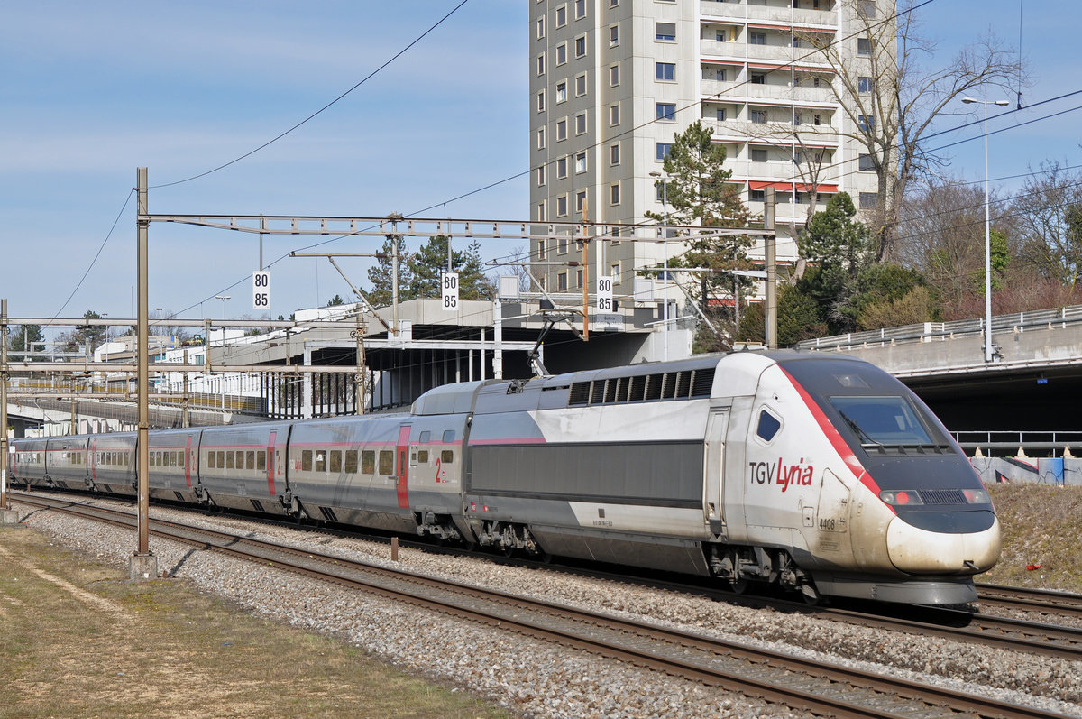 TGV Lyria 4408 fährt Richtung Bahnhof SBB. Die Aufnahme stammt vom 05.03.2018.