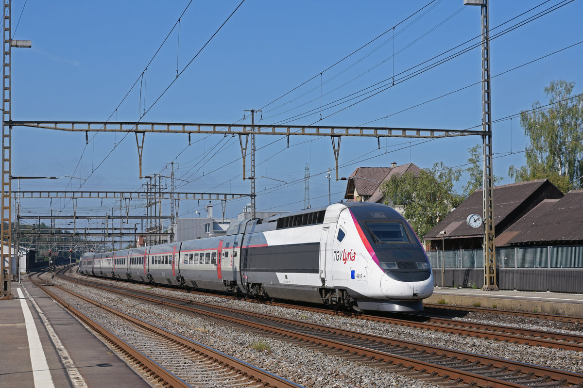 TGV Lyria 4419 durchfährt den Bahnhof Rupperswil. Die Aufnahme stammt vom 03.09.2019.
