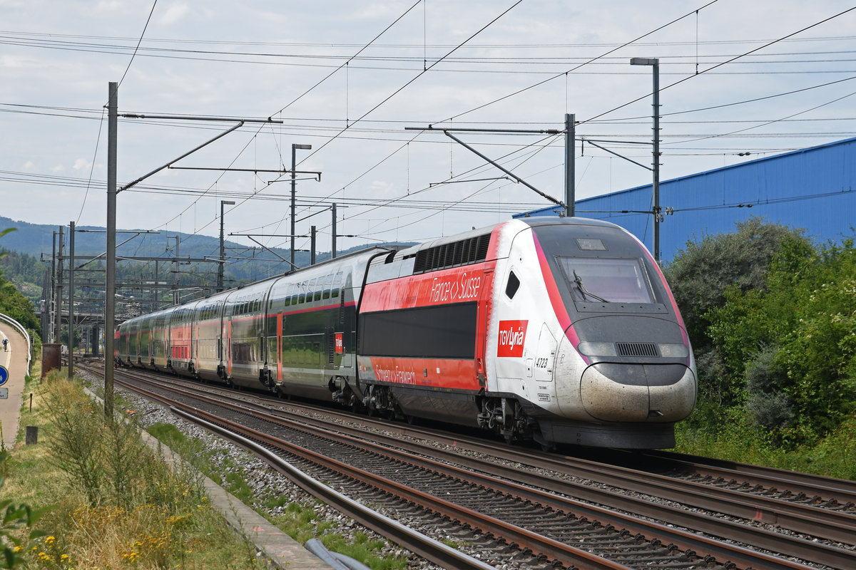 TGV Lyria 4723 fährt Richtung Bahnhof Itingen. Die Aufnahme stammt vom 20.07.2019.