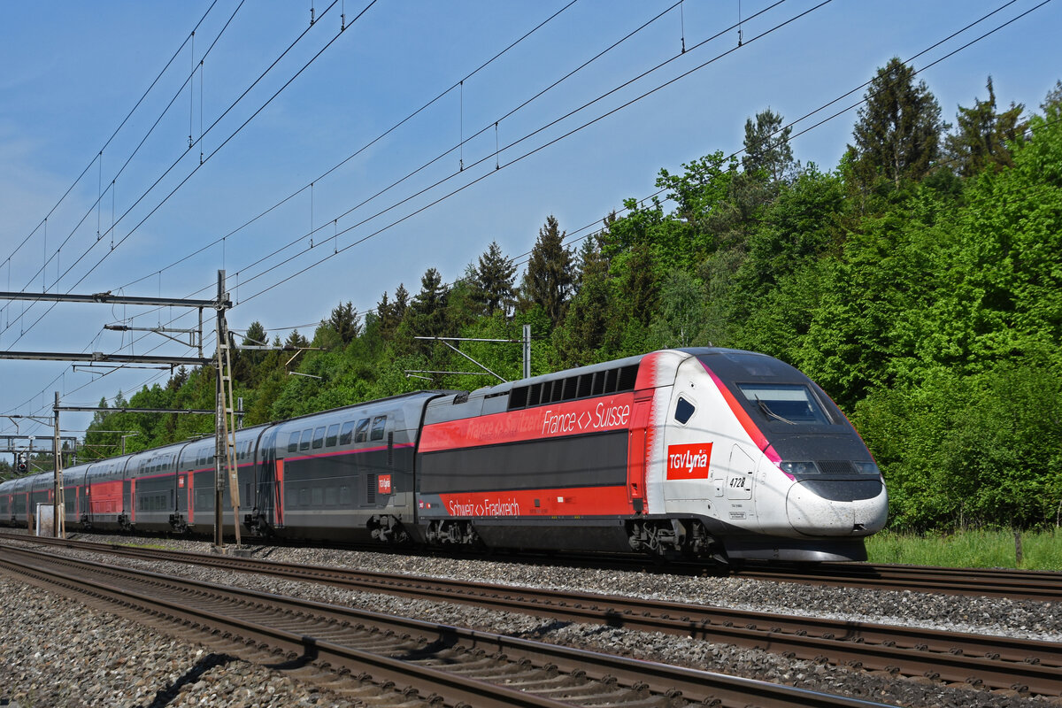TGV Lyria 4728 fährt Richtung Bahnhof Rupperswil. Die Aufnahme stammt vom 12.05.2022.