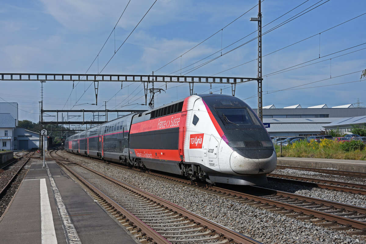 TGV Lyria 4730 durchfährt den Bahnhof Rupperswil. Die Aufnahme stammt vom 07.09.2021.