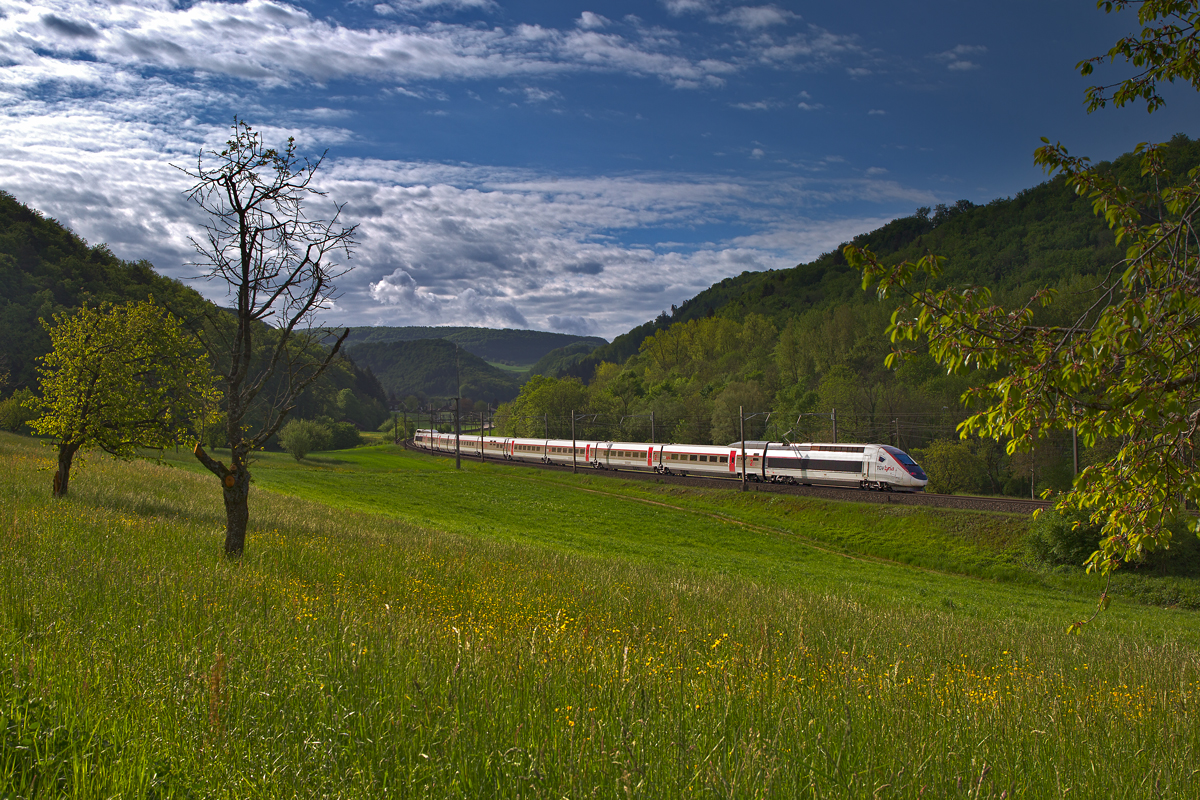 TGV Lyria fährt bei Tecknau vorüber.bild 6.5.2015