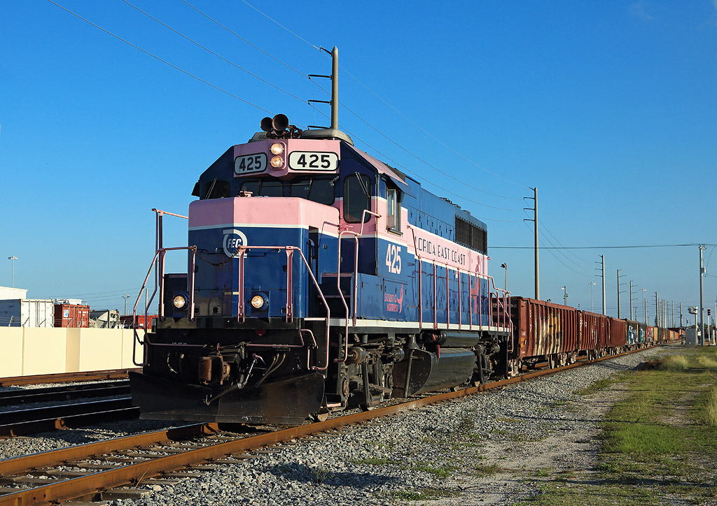The West Palm Beach afternoon local (FEC950) builds it`s train, 28 Feb 2019. It will later depart for Fort Pierce.

 

425 is one of two FEC GP40`s (436 is the other) in a special livery for Susan G Koman (breast cancer foundation)
