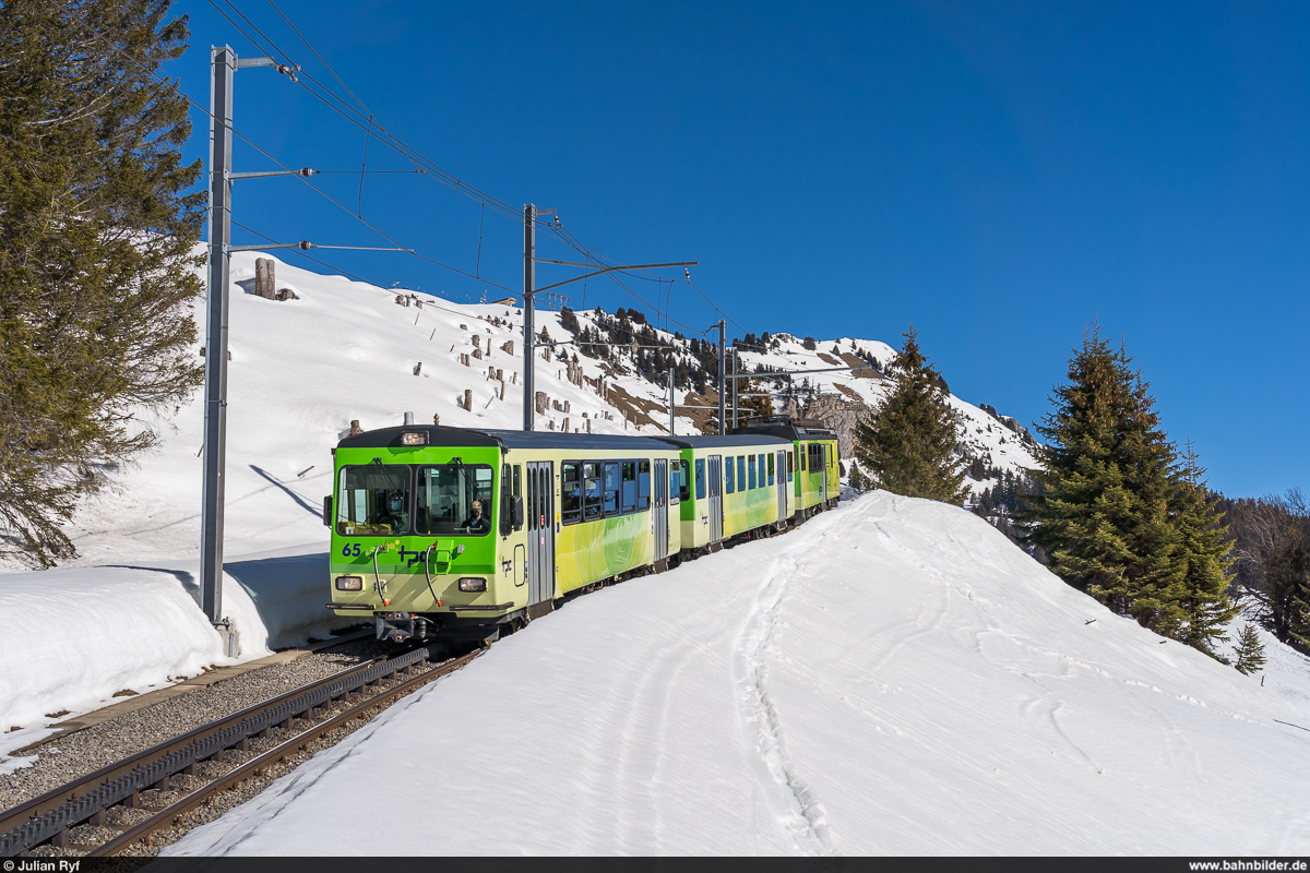 TPC-BVB BDeh 4/4 83 als Regio Col de Bretaye - Villars-sur-Ollon am 21. Februar 2021 zwischen Les Bouquetins und Villars-sur-Ollon Golf.