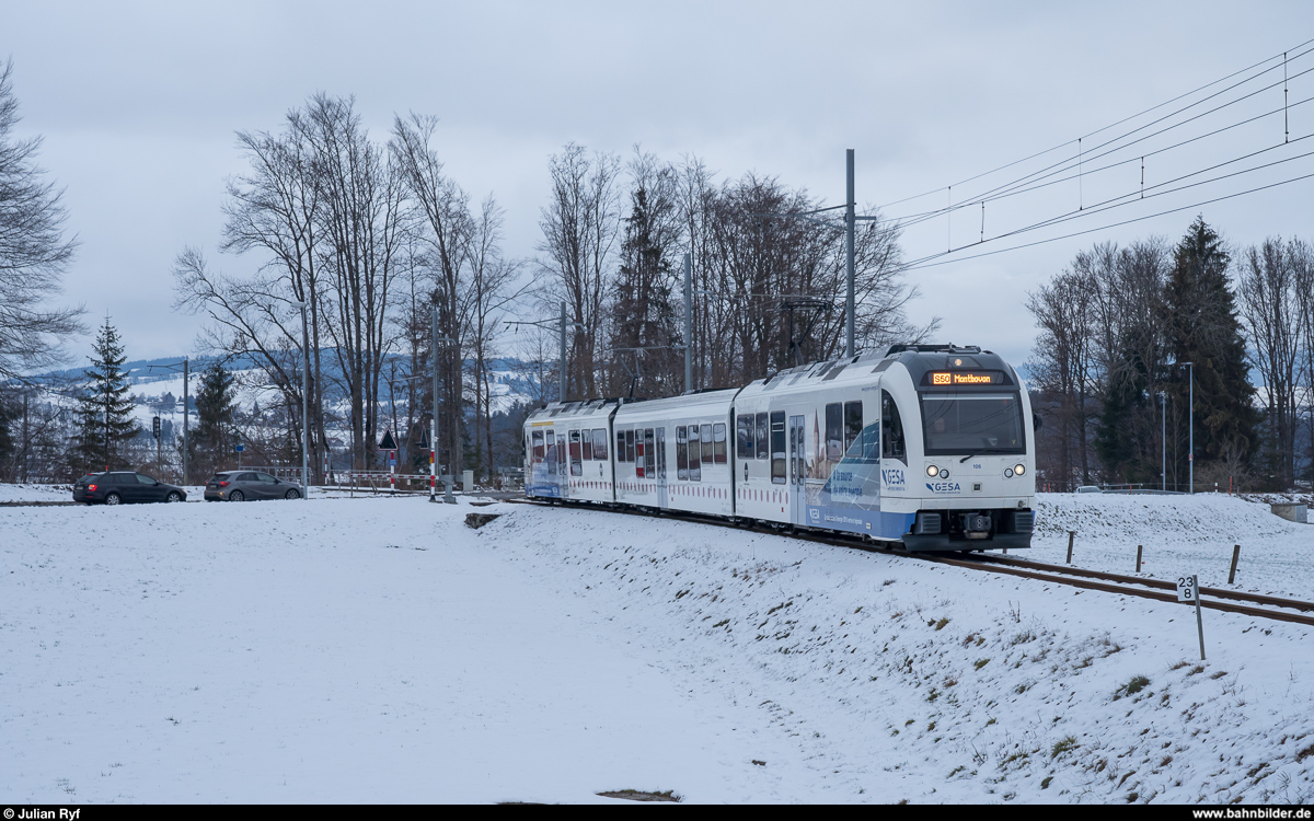 TPF ABe 4/12 106 als S50 Palézieux - Montbovon am 12. Januar 2019 bei Gruyères.
