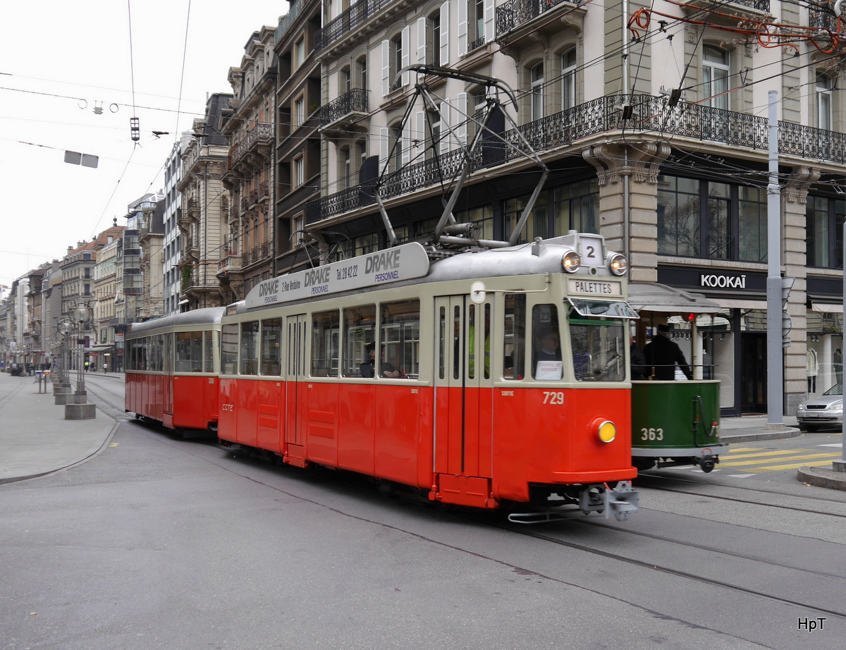 TPG -  Oldtimer  Be 4/4 729 mit Beiwagen B 308 unterwegs in Genf am 01.11.2015