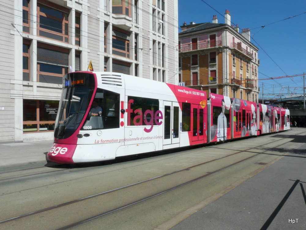 TPG - Tram Be 6/10 1808 mit Werbung unterwegs auf der Linie 14 in der Stadt Genf am 09.09.2013