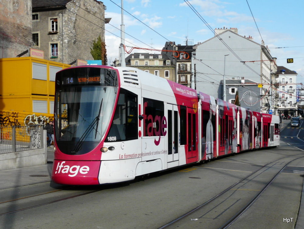 TPG - Tram Be 6/10  1808 unterwegs in der Stadt Genf am 11.01.2014