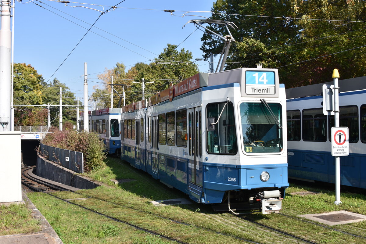 Tram 2000 Wagennummer 2055 + 2008 auf der Linie 14 bei der Einfahrt in die Milchbuck. Datum: 16.10.2021