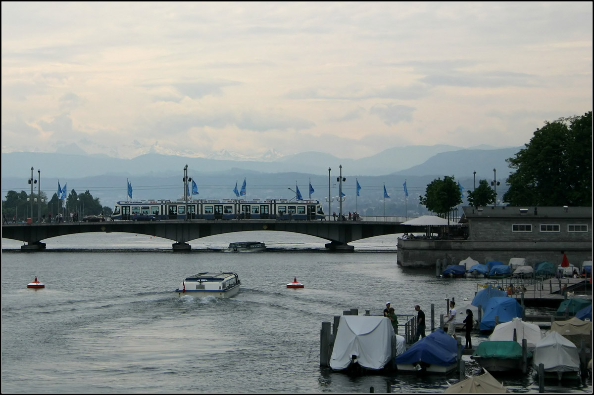 Tram, See und Alpen -

Ein Cobra-Tram auf der Quaibrücke in Zürich.

24.05.2008 (M)