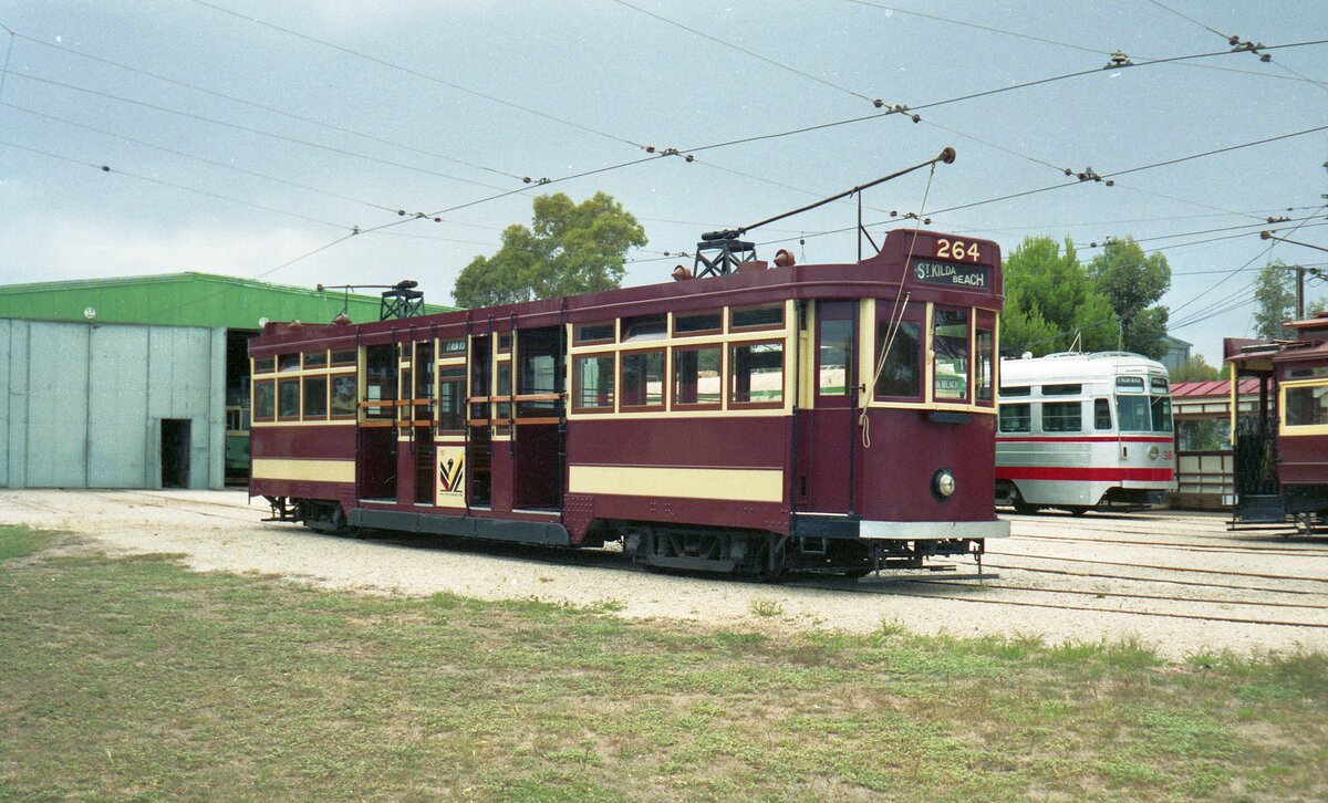 Tramway Museum St Kilda__Tw 264 [F1 car, Pengelly 1926] der MTT (Municipal Tramways Trust Adelaide) und Tw 381 [H1 car, 1952] der MTT.__07-01-1989