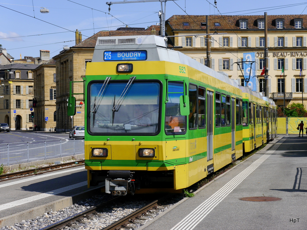 TransN - Regio nach Boudry mit Steuerwagen Bt 552 und Triebwagen Be 4/4 502 und Be 4/4 505 in Neuchâtel am 10.05.2016