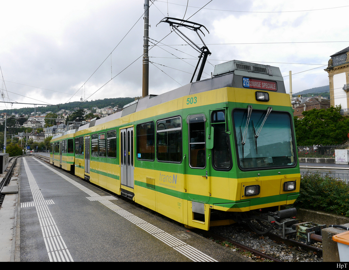 transN - Triebwagen Be 4/4 503 mit Steuerwagen Bt 551 abgestellt als Reserve im transN Bahnhof in Neuchatel am 21.09.2020
