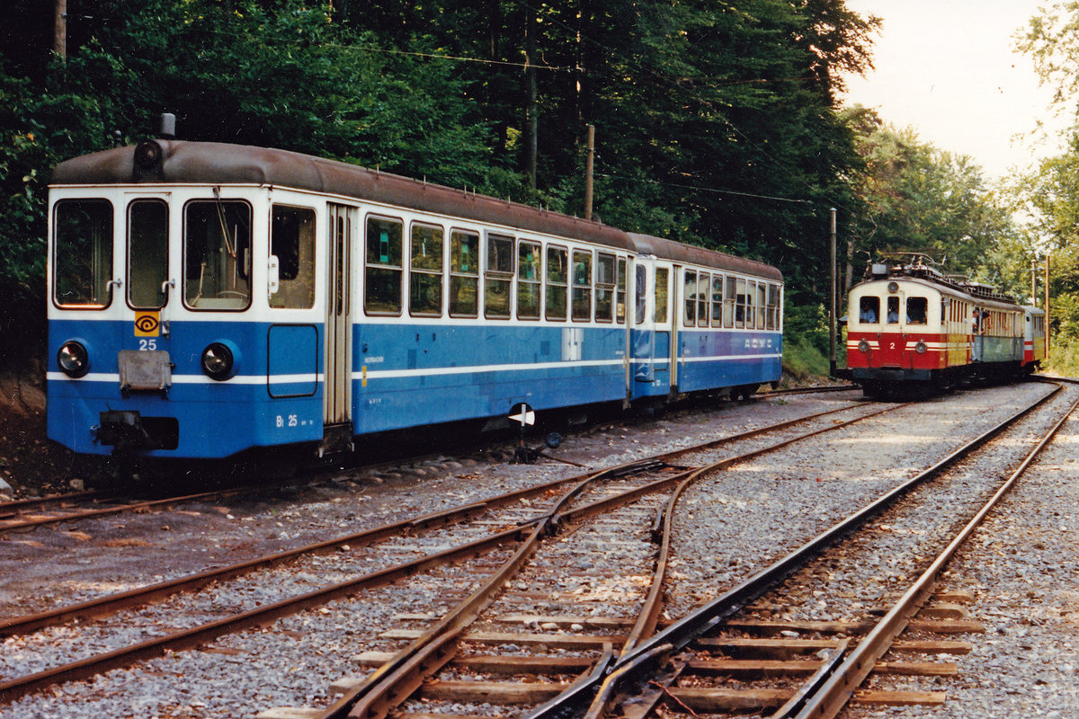 Transports publics du Chablais TPC/ASD.
Generationentreffen in Verchiez im August 1986.
Vom Rollmaterial von der BLT standen bei der AOMC während mehreren Jahren Motor- und Steuerwagen zwischen Aigle und Monthey im Einsatz. Bei der ASD werden ehemalige BLT-Steuerwagen noch täglich eingesetzt.
Der ehemalige BTB Be 4/4 12 befindet sich sogar nach einer gründlichen Aufarbeitung bei TPF mit Originalanstrich versehen wieder dank dem Verein Pro Birsigthalbahn in seiner ursprünglichen Heimat in Rodersdorf. 
Foto: Walter Ruetsch